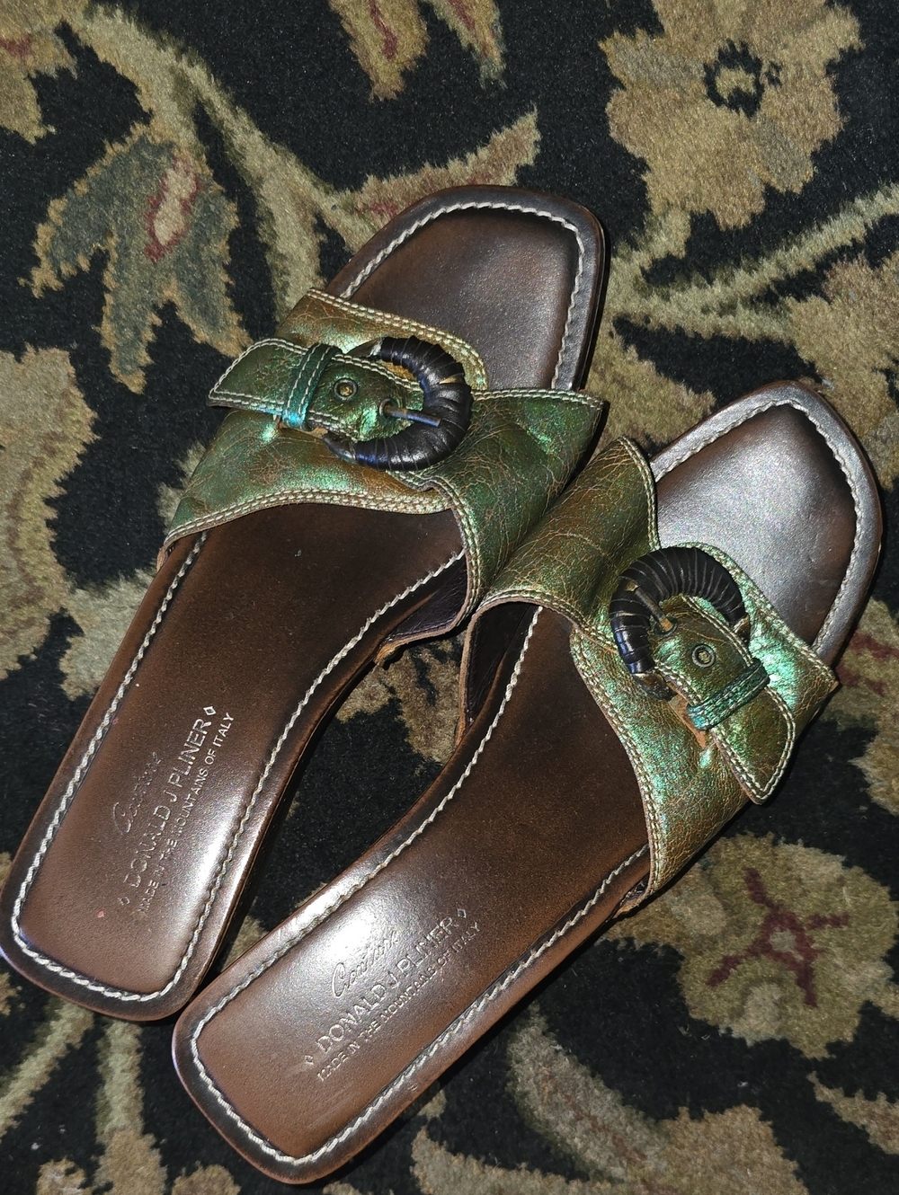 Donald J. Pliner Iridescent Green Leather Buckle Slide Mules Size 10